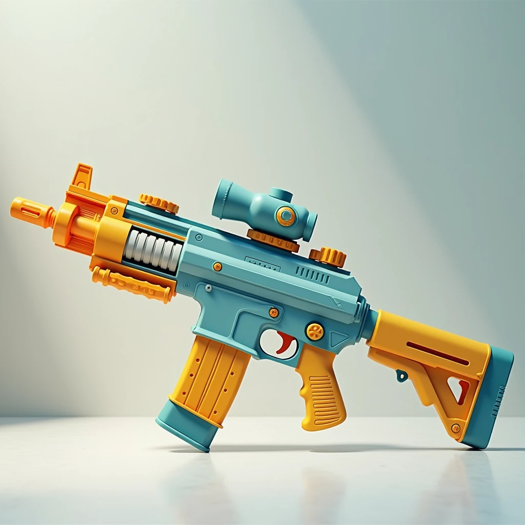 Mini double water gun toy，Integrated rifle mount，Transparent magazine and scope recessed，(Similar structure to M416)，(Double muzzle)，Smooth lines，Plastic material，Three-color Morandi color matching，high quality，Professional Product Photography，Table background，3d, OC Rendering，8K，
