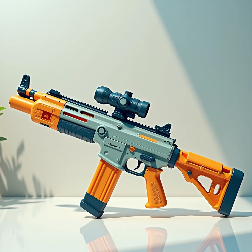 Mini double water gun toy，Integrated rifle mount，Transparent magazine and scope recessed，(Similar structure to M416)，(Double muzzle)，Smooth lines，Plastic material，Three-color Morandi color matching，high quality，Professional Product Photography，Table background，3d, OC Rendering，8K，