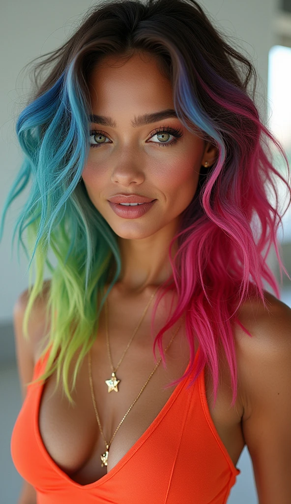 beautiful girl with colored hair, Jennifer Lopez style outfit