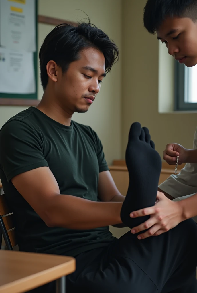Malaysia malay handsome 21 years teacher
His student take off the teacher shoes
The teacher is wearing black sock and the student massage his teacher feet
