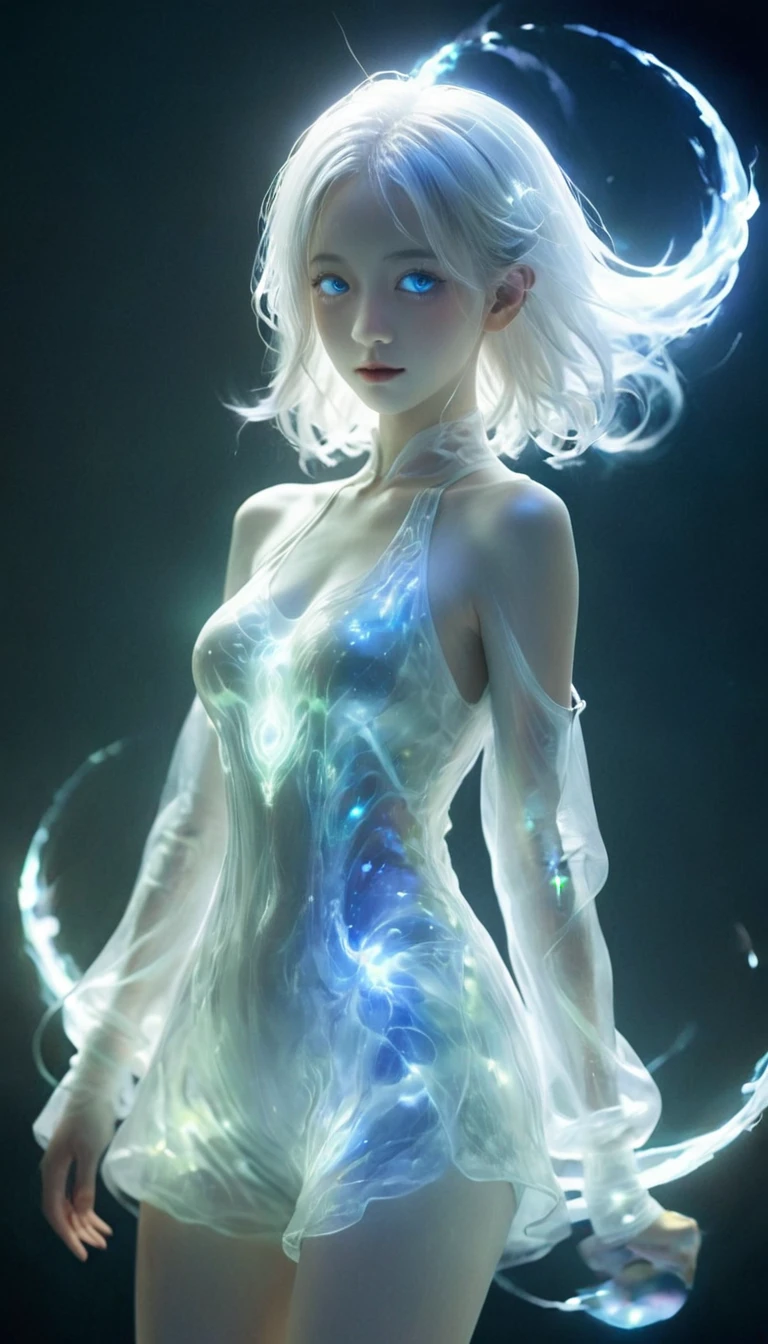 Bail_particle,Bail_line,lineแสง,particleของแสง,A girl made of particle,white hair,halter_set,1 girl,Bail_Light elements,ลำตัวglowโปร่งแสง,A girl made of light,
((dark)),epic,8ก,Fantasy,very detailed,magic,((Hood)),(Hoodie),((((hair on one eye)))),Cast a spell.,Black hole,fish,((glow eyes)) ((blue eyes)),((glow)),((Bloom)),beautiful,Masterpiece,nonsense,best quality,stand,1 girl,human,evil,evil grin,The Christian Bible,destruction,end of the world,Crazy eyes,Crazy,mental disorder,looking down,predominate,(sadism),((Demoniac)),spear,spectrum,scary,circle,edge,edge light,crescent,abyssal,shorts,Groin,Hip bone,hip line cowboy shot,magic Circle,too much energy,sci-fi,abyssaltech,พลังงานdark,impersonal,dissolve,see through,abyss,Anti-Tech,sci-fi,Pure energy,thigh,