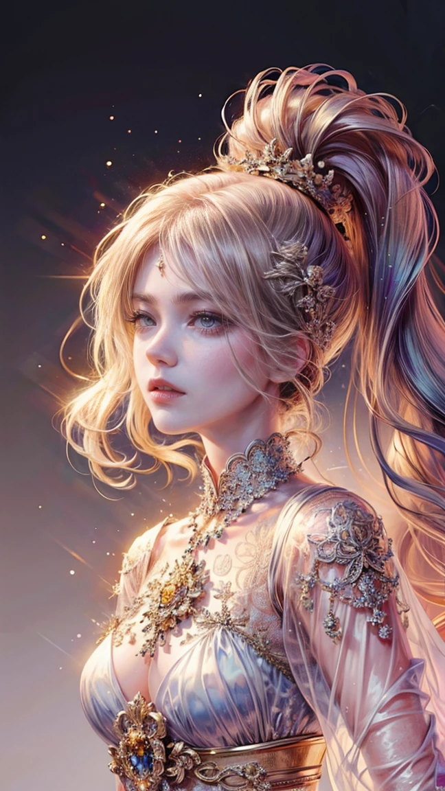 Masterpiece,highest resolution,((moon)),Wear silk clothes to cover your body..,A group of beautiful noble women,Long, elegant golden hair.,Clear purple eyes,Hair is covered with beautiful and delicate floral crafts.., crystal filigree jewelry,The details are very detailed.,raise the level,The whole world is rising up,HD,120K,Falling Flowers Background,Blur background