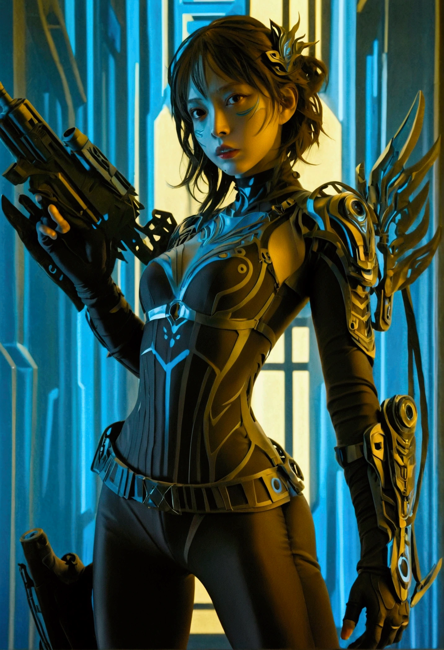 Sexy，girl，solo，photo，Sexy蒸汽朋克girl的photo插图，Shining blue eyes，Naked transparent tights，Side view iconic model walking pose，Provocative and seductive expression，Advanced Cybernetic Helmet，Waist bag with heavy weapons，Enhanced cybernetic gloves with large weapons，Full body torso，Athlete posture body，Low angle shot，Fantasy Art，Two tones，数码处理photo艺术，Ultra Detail，Clarity，High contrast，Bright atmosphere，Rich texture，Complex patterns，Vibrant colors，Movie Lighting，Accurate anatomical proportions。realistic digital art，Highly detailed VFX portraits，Stunning large-scale cybernetic background，Stunning digital art，超现实主义的Fantasy Art，Dramatic shadows，Dramatic lighting，Interwoven elements，