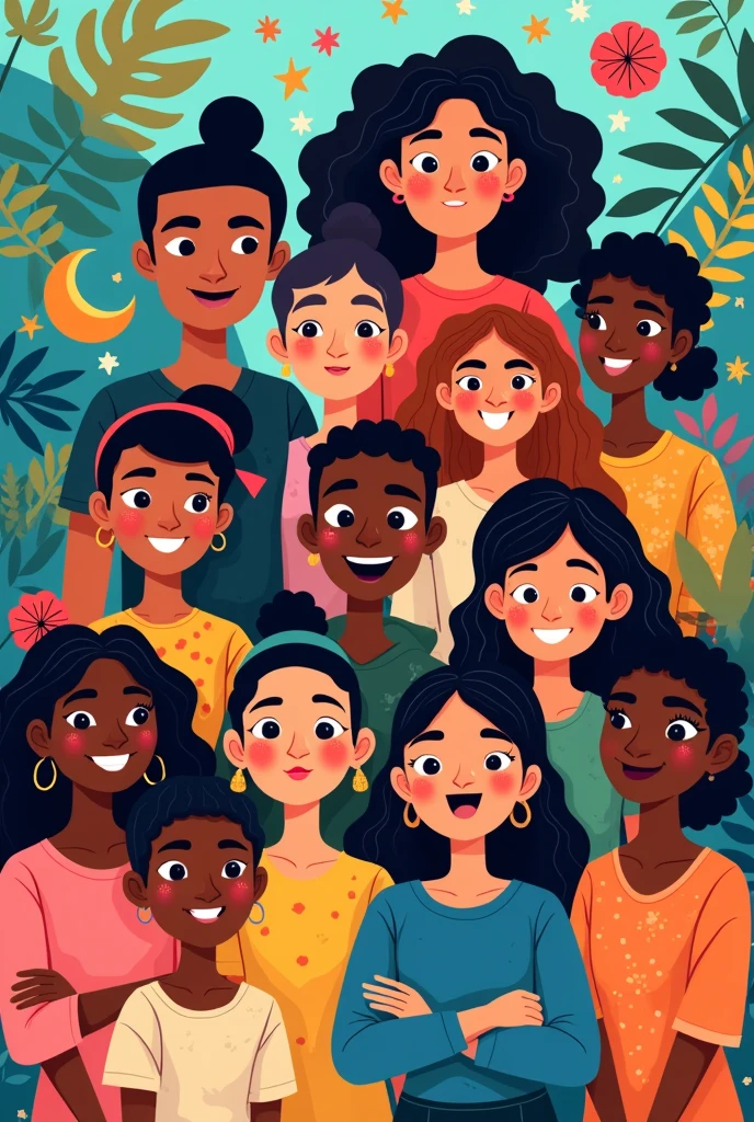 cartoon drawing of different kind of ethnicity with a lots of elements