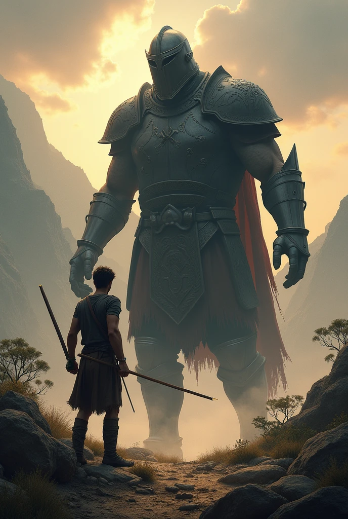 King David facing Goliath with a stone