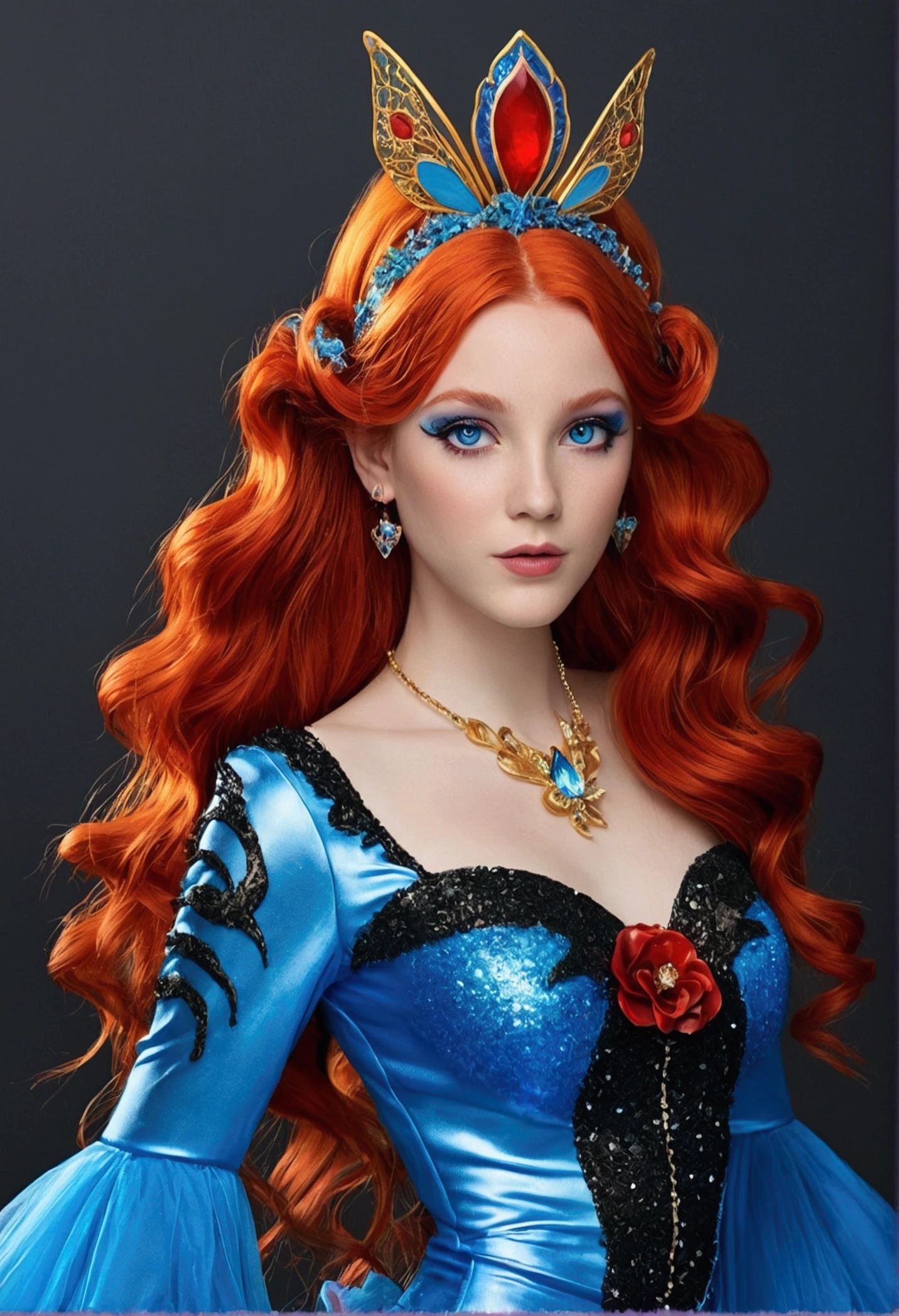 Real fairy magical like in a 1980s dark fantasy movie 3d ultra 8k Bloom from *Winx Club* is a character with bright, fiery red hair that flows in loose waves. She has blue eyes and a fair complexion. Her outfit typically includes a blue and white glitter fairy dress with sparkling accents and butterfly or star motifs. She often wears matching accessories like a headband and shoes. Bloom’s overall look is vibrant and magical, with a little gold crown in her head reflecting her powers as the Fairy of the Dragon Flame Surrealist art , like a dream, Mystery, Symbolic, complicated, detailded, (Gothic,Very beauthful:1.4), (work of art, best qualityer:1.4) , Style Nicolas Samori, Mermaid Goddess Costume, (rock n roll atmosphere under the sea), (hair blue), beautiful
