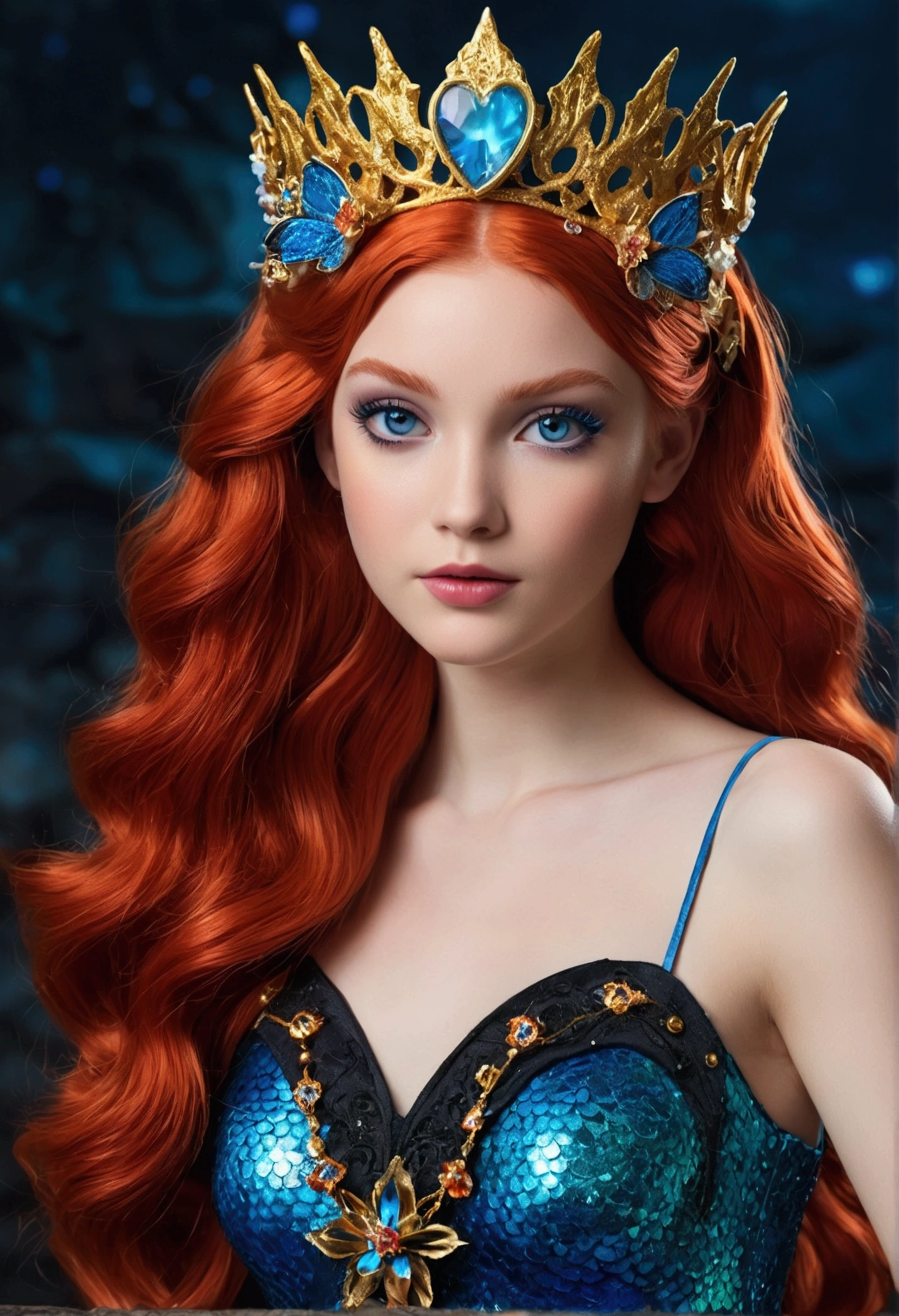 Real fairy magical like in a 1980s dark fantasy movie 3d ultra 8k Bloom from *Winx Club* is a character with bright, fiery red hair that flows in loose waves. She has blue eyes and a fair complexion. Her outfit typically includes a blue and white glitter fairy dress with sparkling accents and butterfly or star motifs. She often wears matching accessories like a headband and shoes. Bloom’s overall look is vibrant and magical, with a little gold crown in her head reflecting her powers as the Fairy of the Dragon Flame Surrealist art , like a dream, Mystery, Symbolic, complicated, detailded, (Gothic,Very beauthful:1.4), (work of art, best qualityer:1.4) , Style Nicolas Samori, Mermaid Goddess Costume, (rock n roll atmosphere under the sea), (hair blue), beautiful