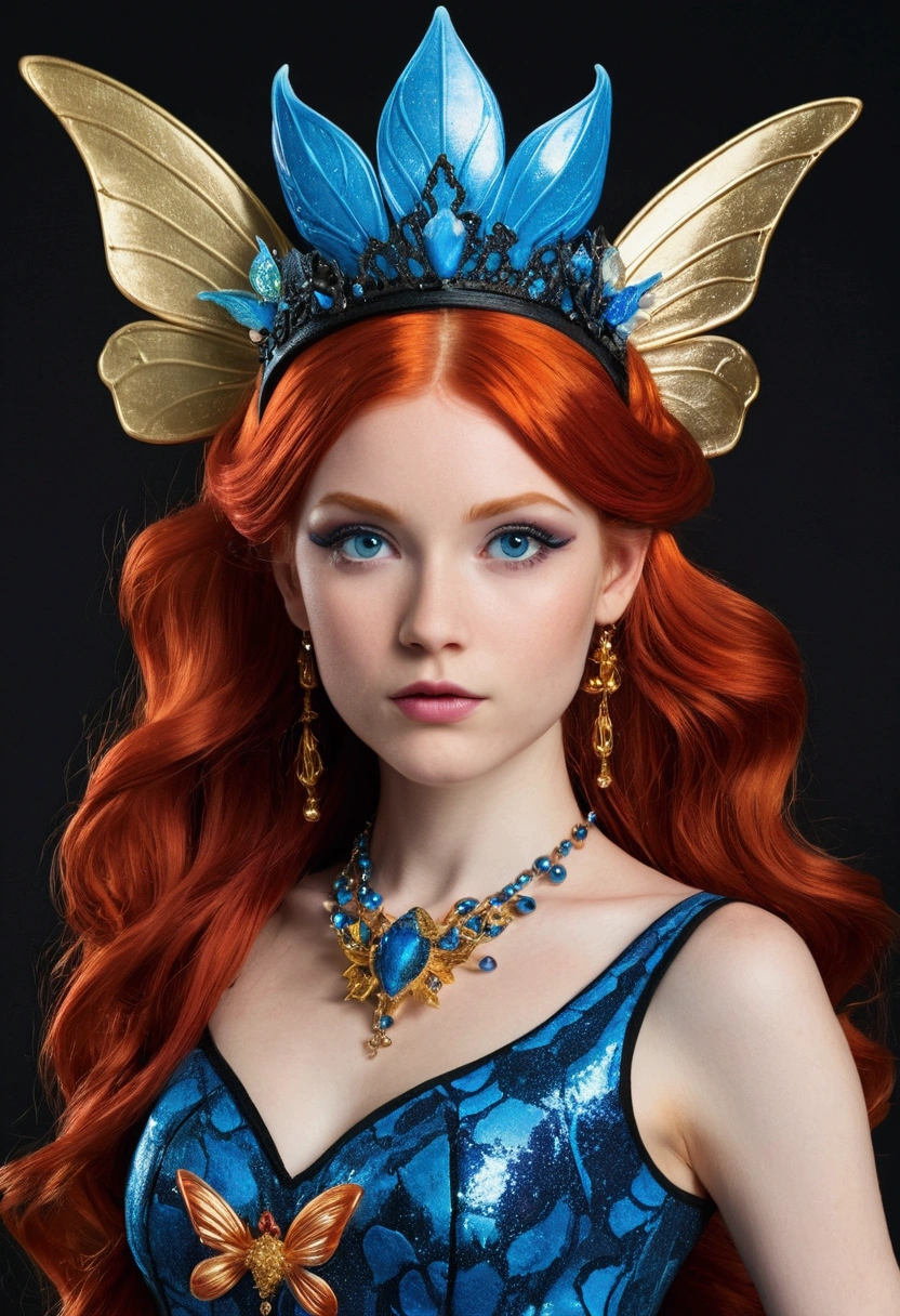 Real fairy magical like in a 1980s dark fantasy movie 3d ultra 8k Bloom from *Winx Club* is a character with bright, fiery red hair that flows in loose waves. She has blue eyes and a fair complexion. Her outfit typically includes a blue and white glitter fairy dress with sparkling accents and butterfly or star motifs. She often wears matching accessories like a headband and shoes. Bloom’s overall look is vibrant and magical, with a little gold crown in her head reflecting her powers as the Fairy of the Dragon Flame Surrealist art , like a dream, Mystery, Symbolic, complicated, detailded, (Gothic，Very beauthful:1.4), (work of art, best qualityer:1.4) , Style Nicolas Samori, Mermaid Goddess Costume, (rock n roll atmosphere under the sea), (hair blue), beautiful