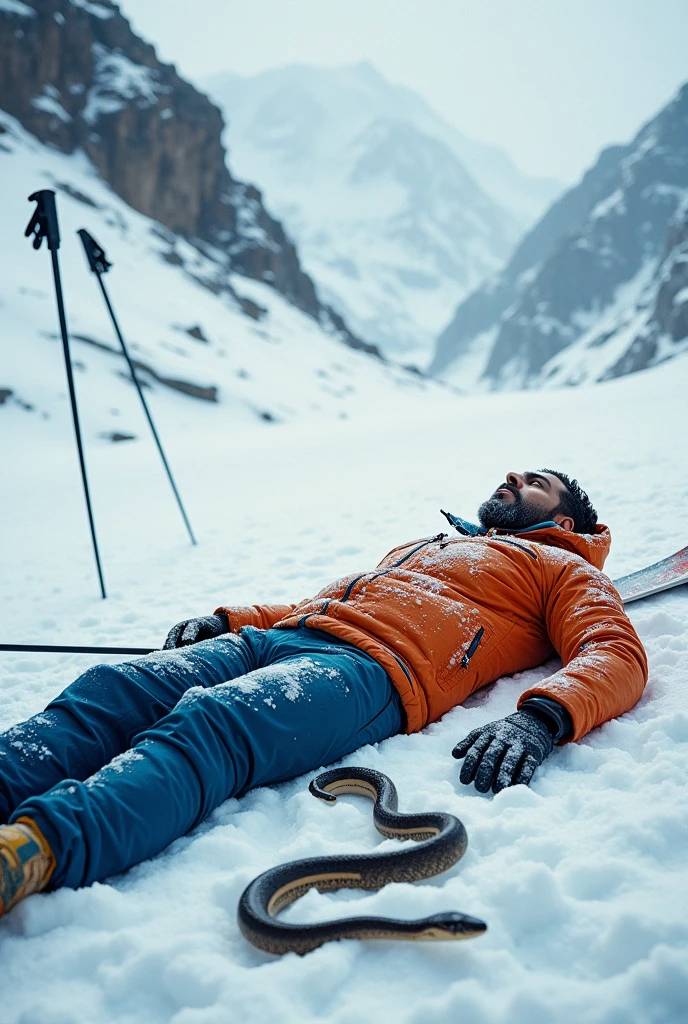 a 30 years Indian man is felt down, he injured in the snow hills of mountain, his face is completely covered with the snow, snake is beside to him. ski board, poles are also there, he wears orange jacket, blue pant, shoes. Snake is at his legs and it is looking towards him.