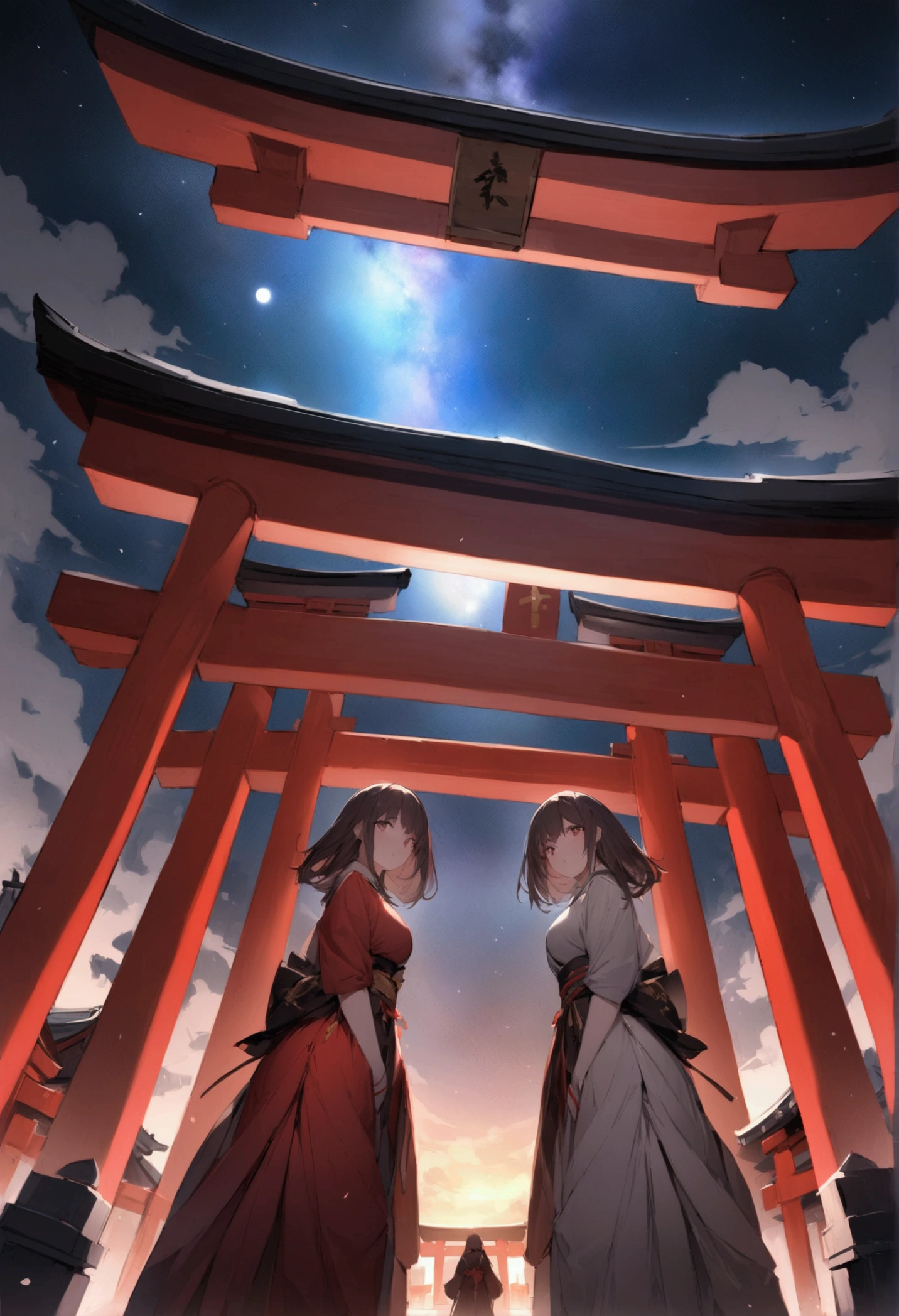 An incredible decision、High resolution、(masterpiece:1.4)、Very detailed、Wide-angle、night、Japanese Shrines、torii、sacred、torii、space、God of the Sky