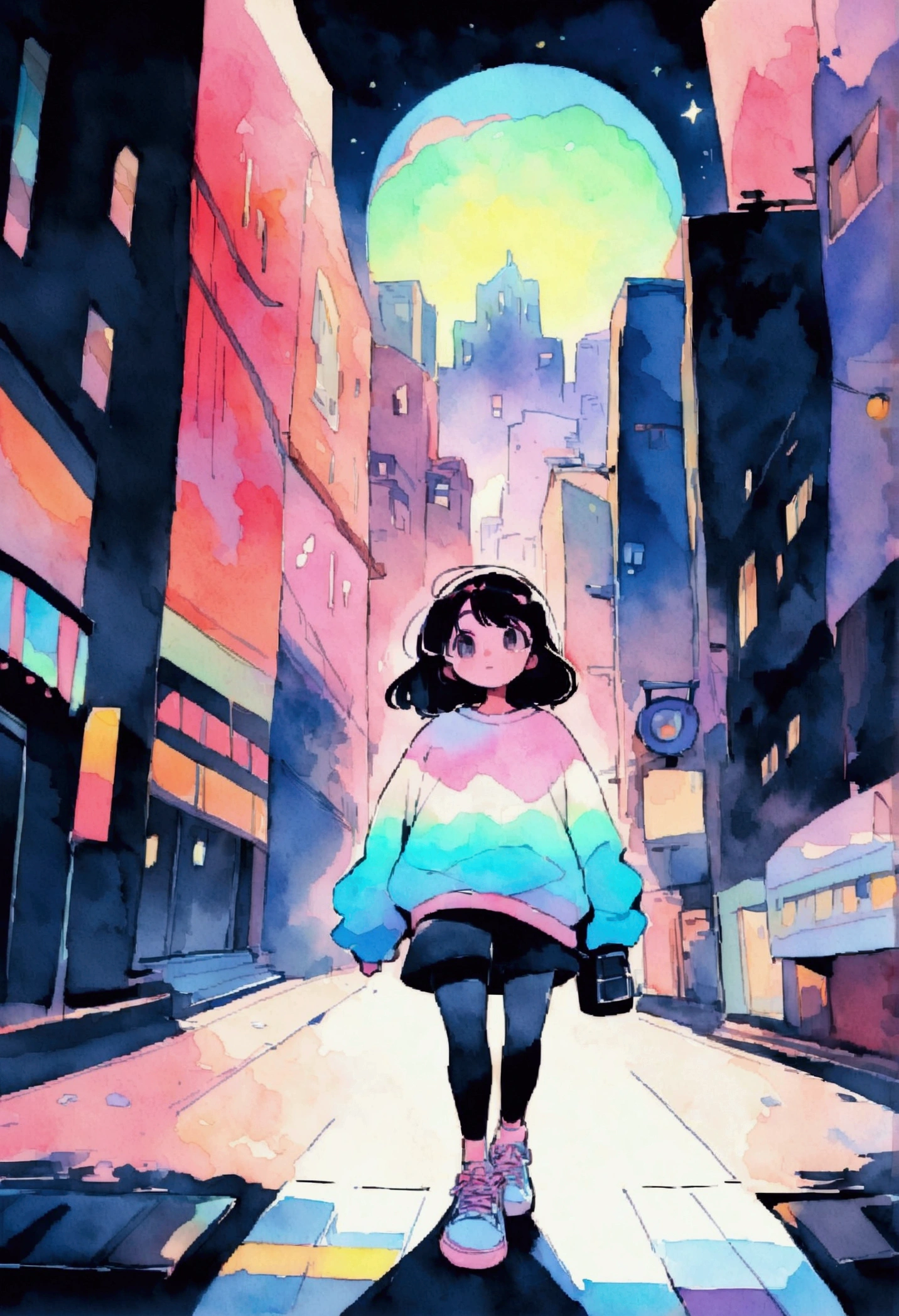 City hippies continue to dream, Night Light,play piano，Neon Landscape, Simulates a color theme, Lo-fi hip hop , review, flat,黒と Watercolor, Large slope, Watercolor, Gas Color, Studio Ghibli style, Vibrant colors, Outer Ton, Ｊpop　Lofi Art,  Contemporary Style, amplitude,Psychedelic atmosphere, masterpiece, Technically sophisticated　