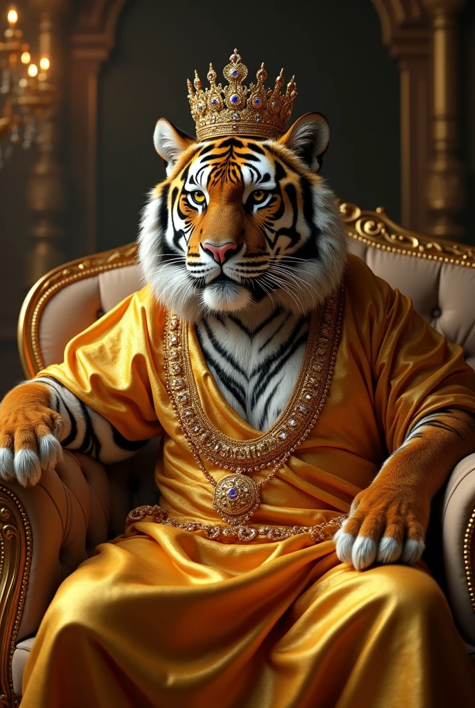 A tiger sitting on sofa and wear gold dress, crown on head and enjoy mujra

