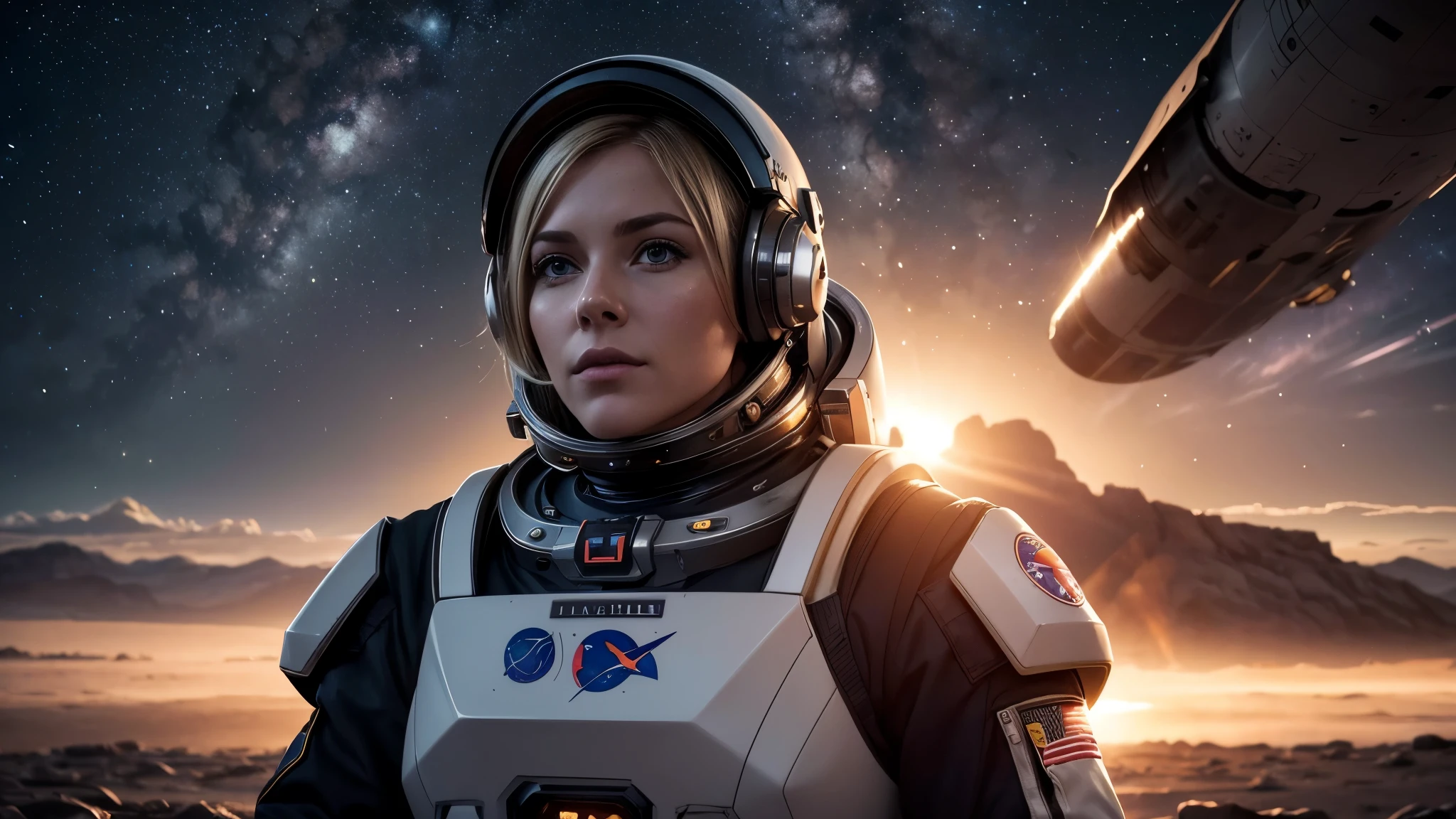 Award-Awarded (full bodyesbian:0.8) (Portrait photo:1.3) younger female (Science fiction astronauts:1.3) , (Stargate:1.4), Gaze at a verdant alien planet, (Mountains:1.2) (tall grass:1.4), Rocks, Fluffy clouds in the sky, trending on artstationh, Highly detailed, finedetail, Intricate, (Lens flare:0.6), (back lit lighting:0.8), (full bloom:0.8), Shallow depth of field