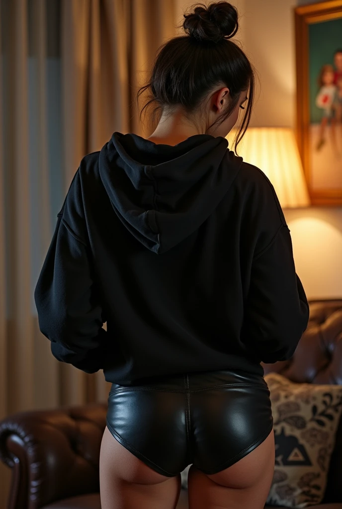 black woman hair in a bun black hoodie black leather short shorts being fucked in the ass by a old grandma in a dress
