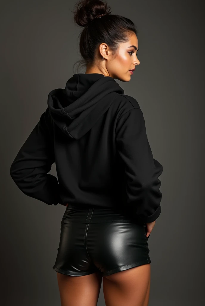 black woman hair in a bun black hoodie black leather short shorts being fucked in the ass by a old grandma in a dress