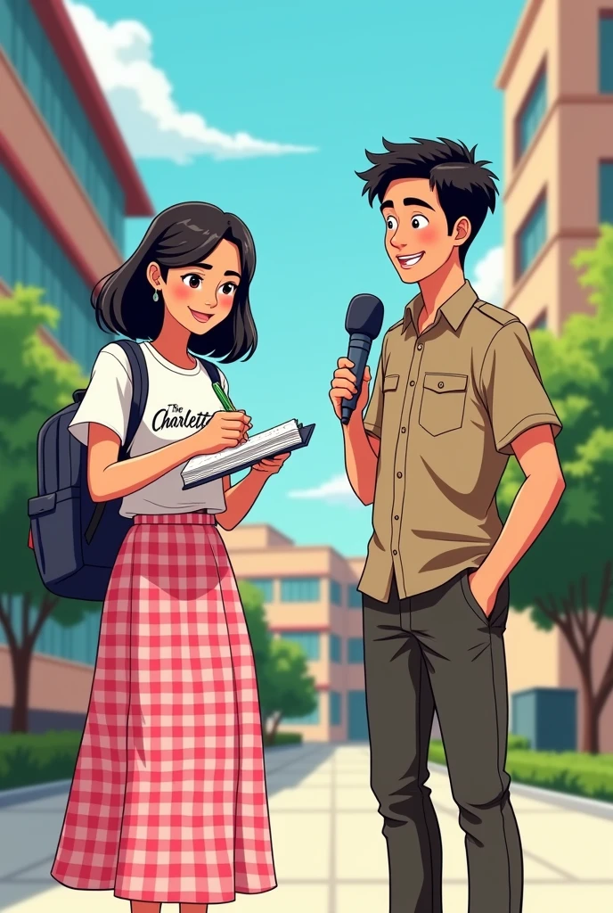 a cartoon showing filipino pupil a girl with black hair wearing a tshirt with brand "The Charlettes" in front and wearing a long skirt red and white gingham uniform , she is writing for campus journalism, make it look like the first generated photo, but change the skirt into gingham checkered pink and white skirt and with a filipino boy holding a mic infront of camera reporting, with a shirt with a brand "The Charlettes" in khaki pants as uniform, both has black shoes