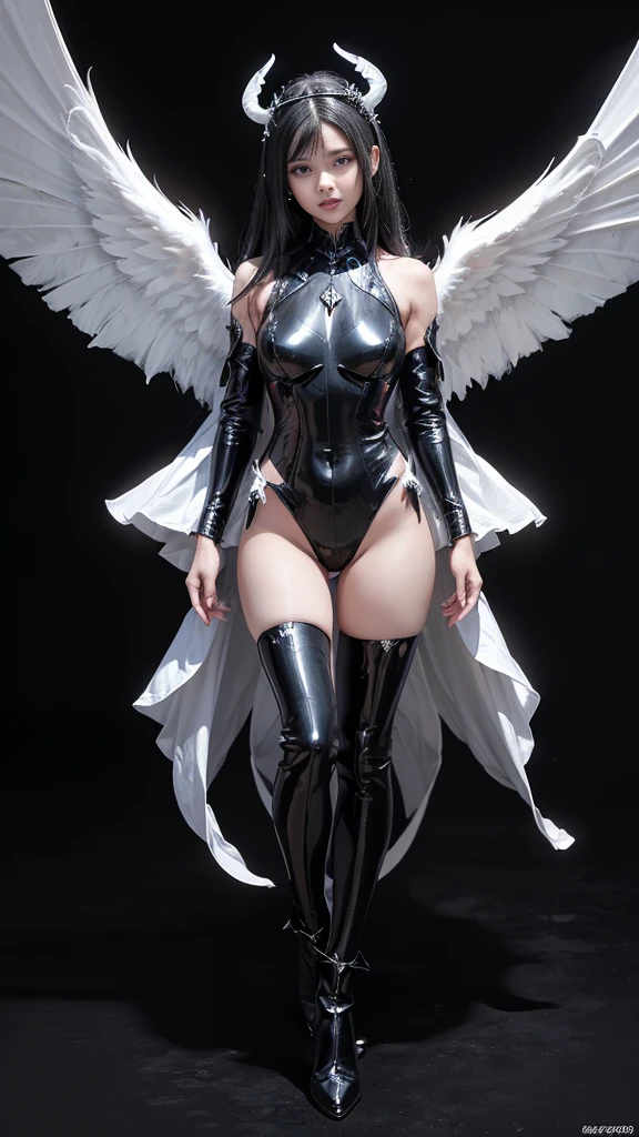 full body image, (Realistic picture, highest resolution, 16K), big wingsทุกปีก, (A demon with large wings and immense power., Twelve wings on the shoulders., Three black bat wings:1.5 , 3 white angel wings:1.5), Has 100 wings on the shoulders, There are 1000 wings that flow., Twelve wings on the shoulders., black bat wings:1.3 white angel wings:1.5), 6 angel wings, 6 devil wings, (Beautiful girl with two meter long hair, Shiny black hair, Smooth white skin, Lips are very red.), ((stand, Walk)), (big breasts, big tits), (gigantic breast, breast augmentation, Breast 400 cc., small waist, hips raised, small thighs, Long legs), (dynamic poses), (Armor that slightly conceals the body), Separate theme, (Angel wings and devil wings), Floating from the air above the ground, Isolated sky background, Embraced with twelve wings, The horns that grow from the head are like a crown., He who has light, wears little armor, There is power coming out of the body., sparkling wings, white light black light, amazing wings, beautiful gesture, 8K resolution, beautiful gesture, Angel wings and devil wings, (Realistic picture, highest resolution), (Large, powerful wings, Wings are much larger than the model's body.), (RAW shooting:1.5, realistic:1.5, dark fantasy:1.5), (Highest quality, Masterpiece, Ultra high resolution), The Desolated Demon World, ((Perfect dynamic composition:1.7, Detailed tattoos all over the body:1.6, Wear exquisite jewelry:1.6)), Highly detailed skin and facial features:1.3, Details of the limbs, (ปีศาจซัคคิวบัสสุดเซ็กซี่big wings:1.3, beautiful and beautiful:1.3), War between gods and demons, chaos, darkness, fight, (Tight black leather outfit:1.3), big breastsที่กำลังจะระเบิด, Don't show your nipples, ช่องว่างbig breasts, Large breasts close together, (The expression on your face when you feel a strong touch., Facial expressions when feeling pleasure, A look sunk in joy), beautiful blue eyes, Eyes that give a feeling of elegance and beauty, sexy face, Blush, (Too erotic and cute:0.9, Fascinating:0.9), (An incomprehensible amount of fluid flows throughout the body., Six pairs of large wings, Large devil wings, The size of the devil's wings, Amazing wings, The bloodline of the gods and demons is strong., Can see the whole body, big wings, Wingspan