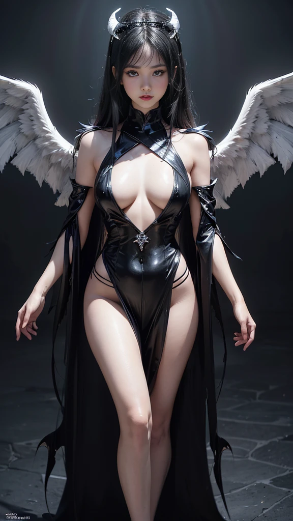 full body image, (Realistic picture, highest resolution, 16K), big wingsทุกปีก, (A demon with large wings and immense power., Twelve wings on the shoulders., Three black bat wings:1.5 , 3 white angel wings:1.5), Has 100 wings on the shoulders, There are 1000 wings that flow., Twelve wings on the shoulders., black bat wings:1.3 white angel wings:1.5), 6 angel wings, 6 devil wings, (Beautiful girl with two meter long hair, Shiny black hair, Smooth white skin, Lips are very red.), ((stand, Walk)), (, big tits), c breast, breast augmon, Brea cc., small waist, hised, small thighs, Long legs), (dynamic poses), (Armor that slightly conceals the body), Separate theme, (Angel wings and devil wings), Floating from the air above the ground, Isolated sky background, Embraced with twelve wings, The horns that grow from the head are like a crown., He who has light, wears little armor, There is power coming out of the body., sparkling wings, white light black light, amazing wings, beautiful gesture, 8K resolution, beautiful gesture, Angel wings and devil wings, (Realistic picture, highest resolution), (Large, powerful wings, Wings are much larger than the model's body.), (RAW shooting:1.5, realistic:1.5, dark fantasy:1.5), (Highest quality, Masterpiece, Ultra high resolution), The Desolated Demon World, ((Perfect dynamic composition:1.7, Detailed tattoos all over the body:1.6, Wear exquisite jewelry:1.6)), Highly detailed skin and facial features:1.3, Details of the limbs, (ปีศาจซัคคิวบัสสุดเซ็กซี่big wings:1.3, beautiful and beautiful:1.3), War between gods and demons, chaos, darkness, fight, (Tight black leather outfit:1.3), big breastsที่กำลังจะระเบิด, Don' nipples, ช่องว่างbig breasts, Large breasts closher, (The expression face when you strong touch., Facial expressions when feeling pleasure, A look sunk in joy), beautiful blue eyes, Eyes that give a feeling of elegance and beauty, sexy face, Blush, (Too erotic and cute:0.9, Fascinating:0.9), (An increhensible amount of flows throughout the body., Six pairs of large wings, Large devil wings, The size of the devil's wings, Amazing wings, The bloodline of the gods and demons is strong., Can see the whole body, big wings, Wingspan
