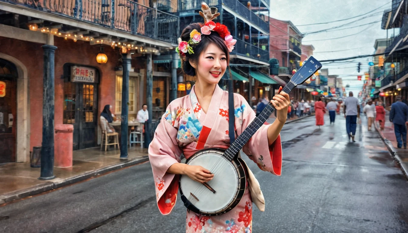 New Orleans, Louisiana, deer Bourbon Street A beautiful Japanese woman wearing a kimono,On the busy streets of the American South,Have fun playing the banjo with the jazz band。 painterly