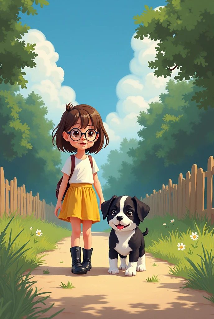 Six  girl cute cartoon who is wearing yellow mini skirt and white top , her hair is brown in color. She is wearing black boots and round glasses. Her Puppy is black and white in color.Suddenly they saw something creepy on the road.