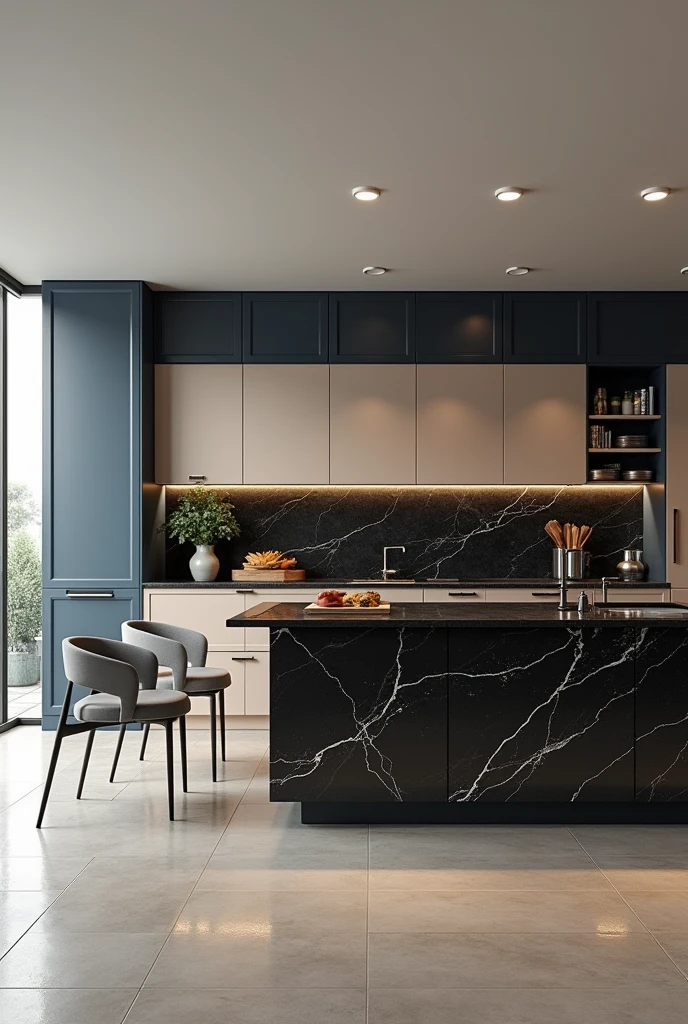 Professional 3d architecture rendering design of modern kitchen with   So dark blue vintage and dark beige  and dark gray  cabinets and  modern  so light  gray design chairs  shiny  black   marble island island and modern windows and complete showing kitchen and showing complete kitchen and modern windows and showing complete kitchen 