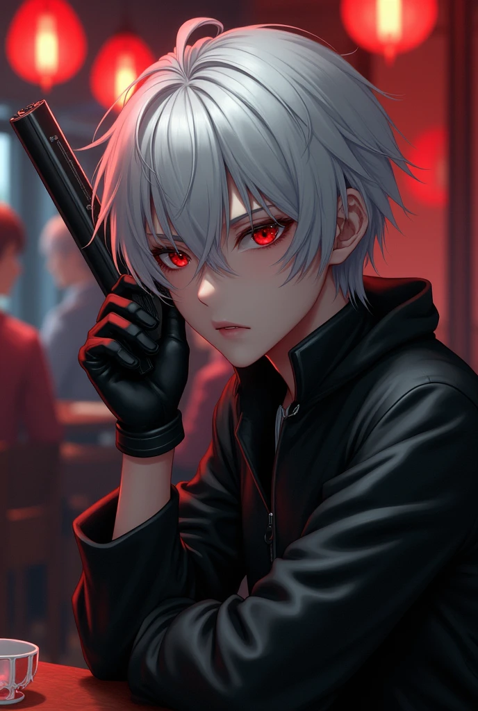 White hair、Red eyes、Black clothes、Black gloves、Cute two-block haircut、youth、male、View from the front、Highest quality、Being interrupted on a date with a girl、The man gets angry、Carrying a weapon