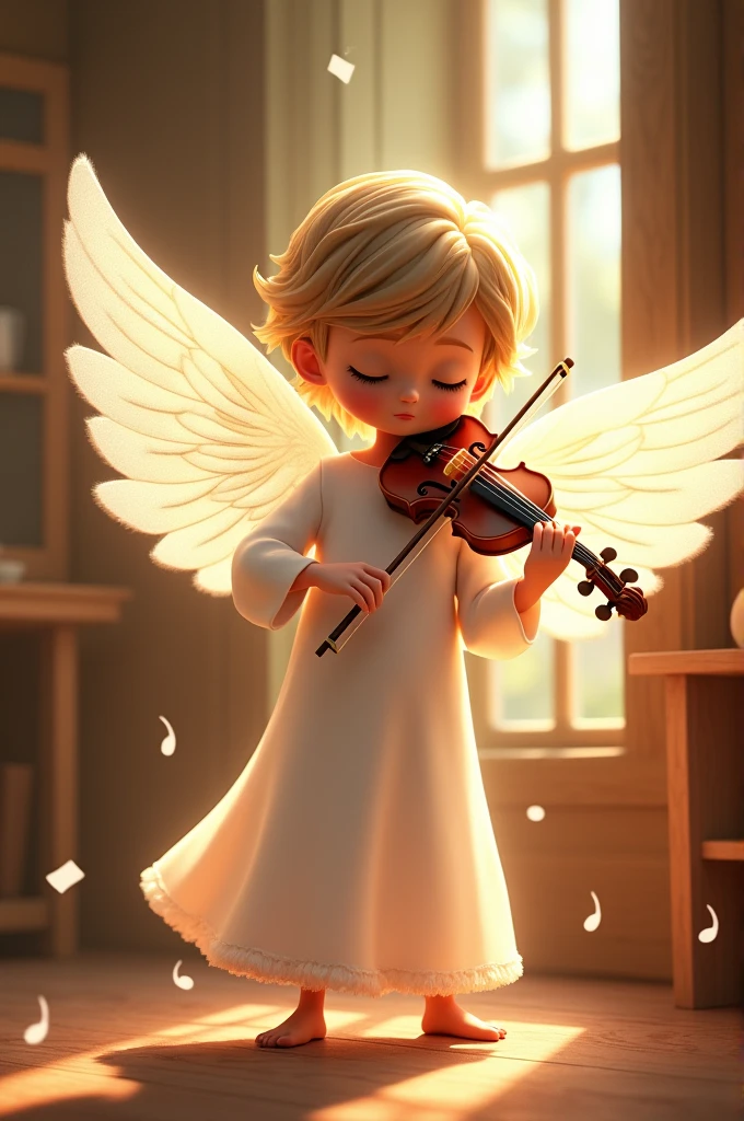 in a wooden room with a window, an angel boy plays the harp and there are notes lying next to it