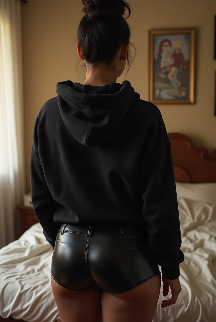 black woman hair in a bun black hoodie black leather short shorts being fucked in the ass by 2nd person  old grandma in the bed porn 