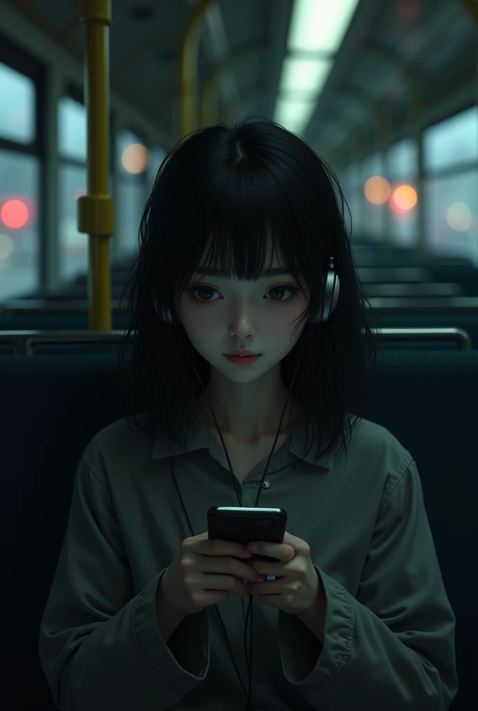 Sad girl sit in bus listening song