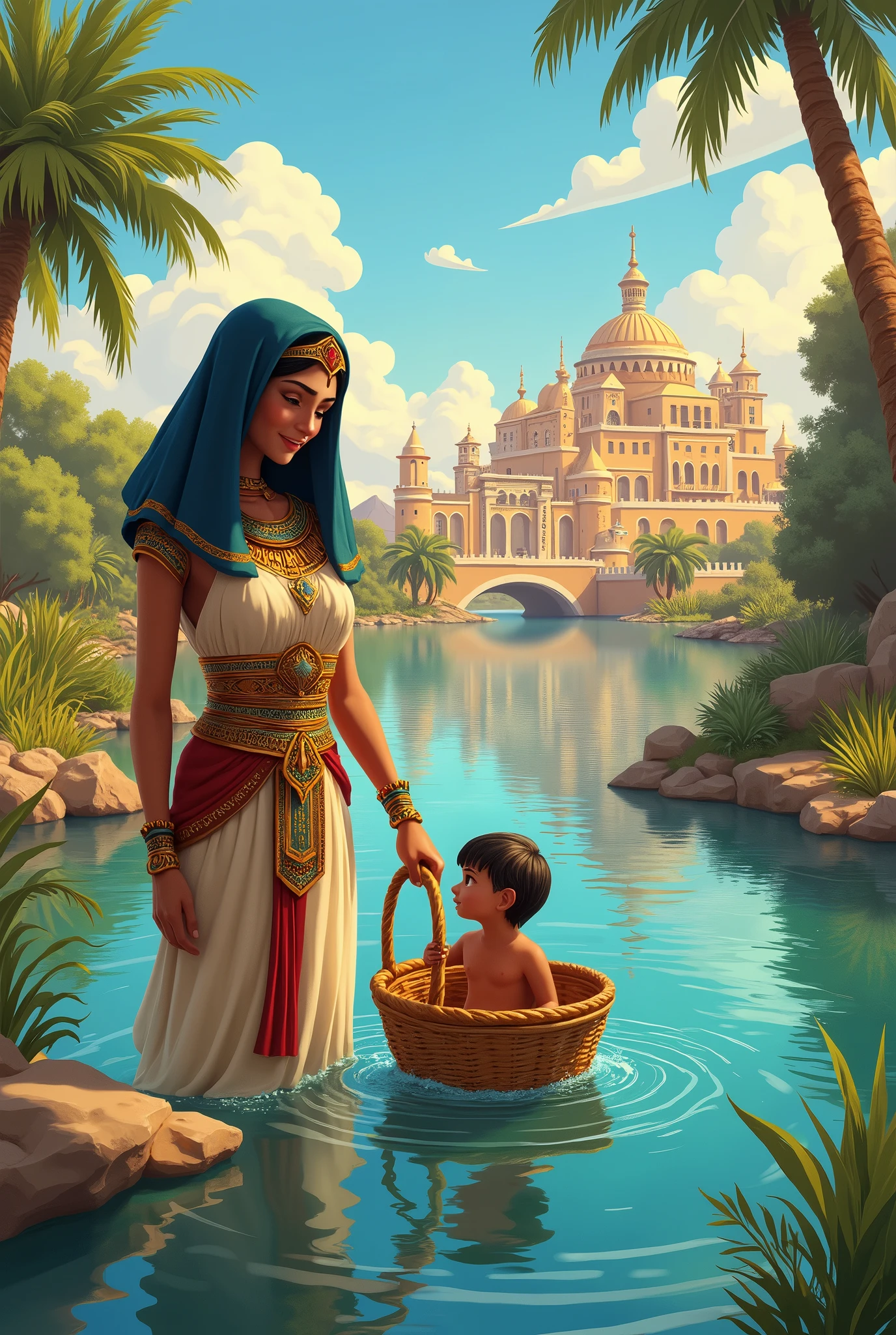 Egyptian woman taking out a child from a basket abandoned in the river , in the background of the image an Egyptian cartoon city 