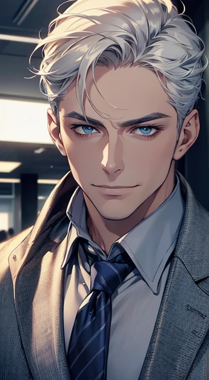 (best quality, masterpiece, 8K, photorealistic, cinematic lighting, hdr image, ultra detailed, beautiful image), 1 man, 3, mature man, very handsome, (without expression, smile), short white hair, blue eyes ( penetrating gaze), perfect face without errors, imposing posture, without errors, businessman, office background