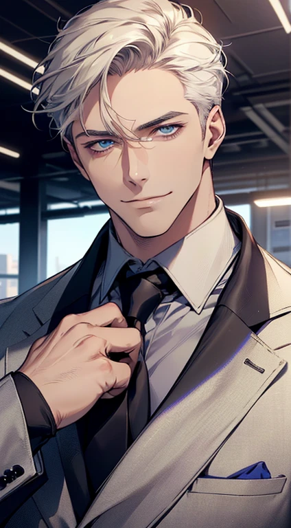 (best quality, masterpiece, 8K, photorealistic, cinematic lighting, hdr image, ultra detailed, beautiful image), 1 man, 3, mature man, very handsome, (without expression, smile), short white hair, blue eyes ( penetrating gaze), perfect face without errors, imposing posture, without errors, businessman, office background