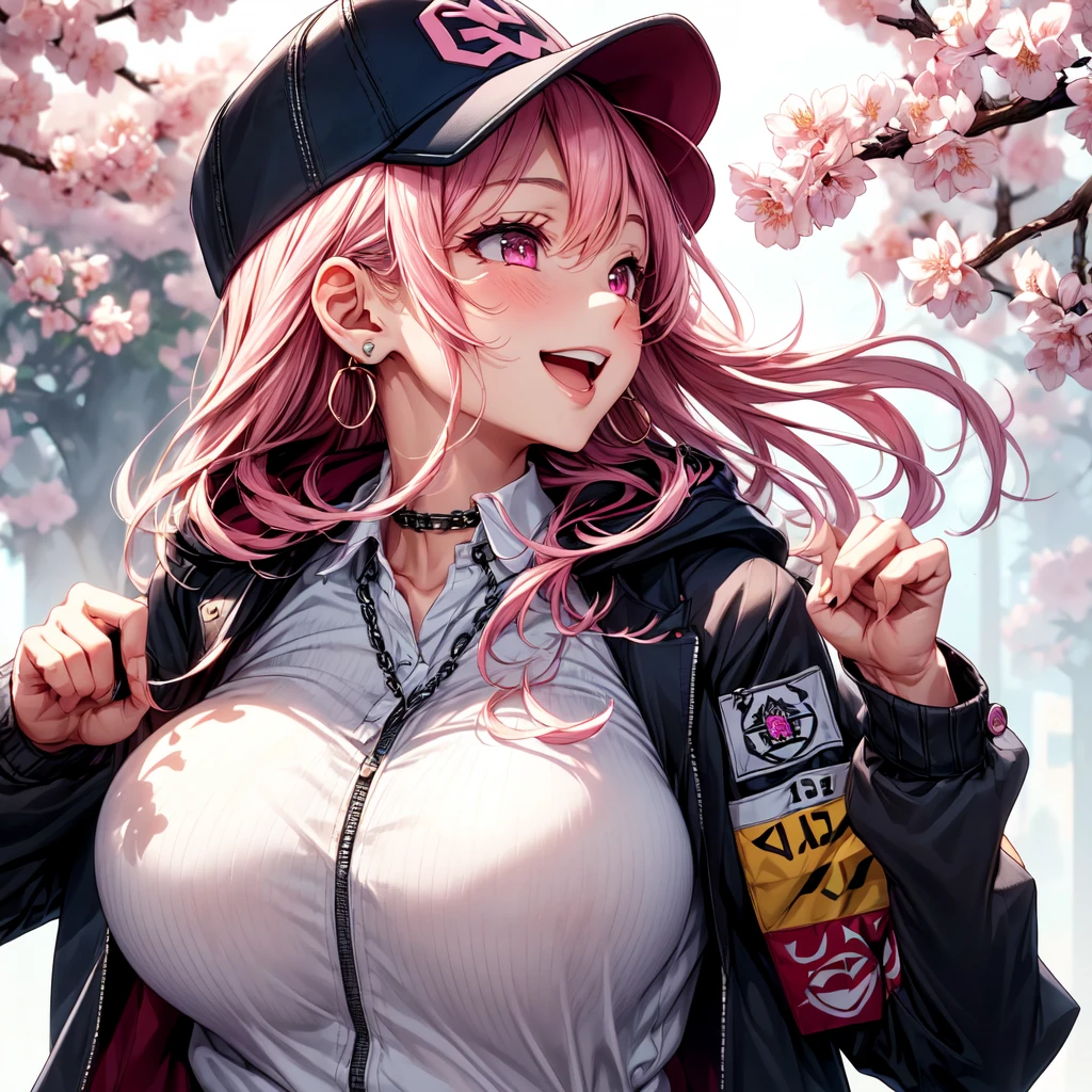 (masterpiece:1.2), best quality,PIXIV, beautiful Rebellious girl,portrait, 
1girl, hat, open mouth, glossy lips, pink hair, solo, mischievous smile, long hair, white background, jewelry, badge, button badge, hood, pink eyes, earrings, simple background, harajuku inspired jacket, long eyelashes, from side, hood down, star (symbol), profile, upper body, clothes writing, zipper, collar, massive accentuated super huge enormously gigantic breasts, chain, sexy seductive, cherry blossoms blowing in the wind, hat ornament, piercing, barcode, portrait, sticker, hoodie, smile, spikes, baseball cap
 