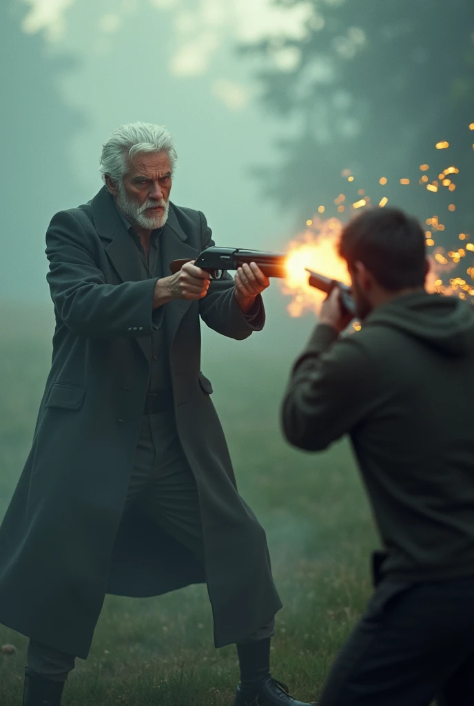 A white-haired man is shot from a distance with a shotgun as he attempts to kill another man, amidst the fading fog and the beginning of daylight.