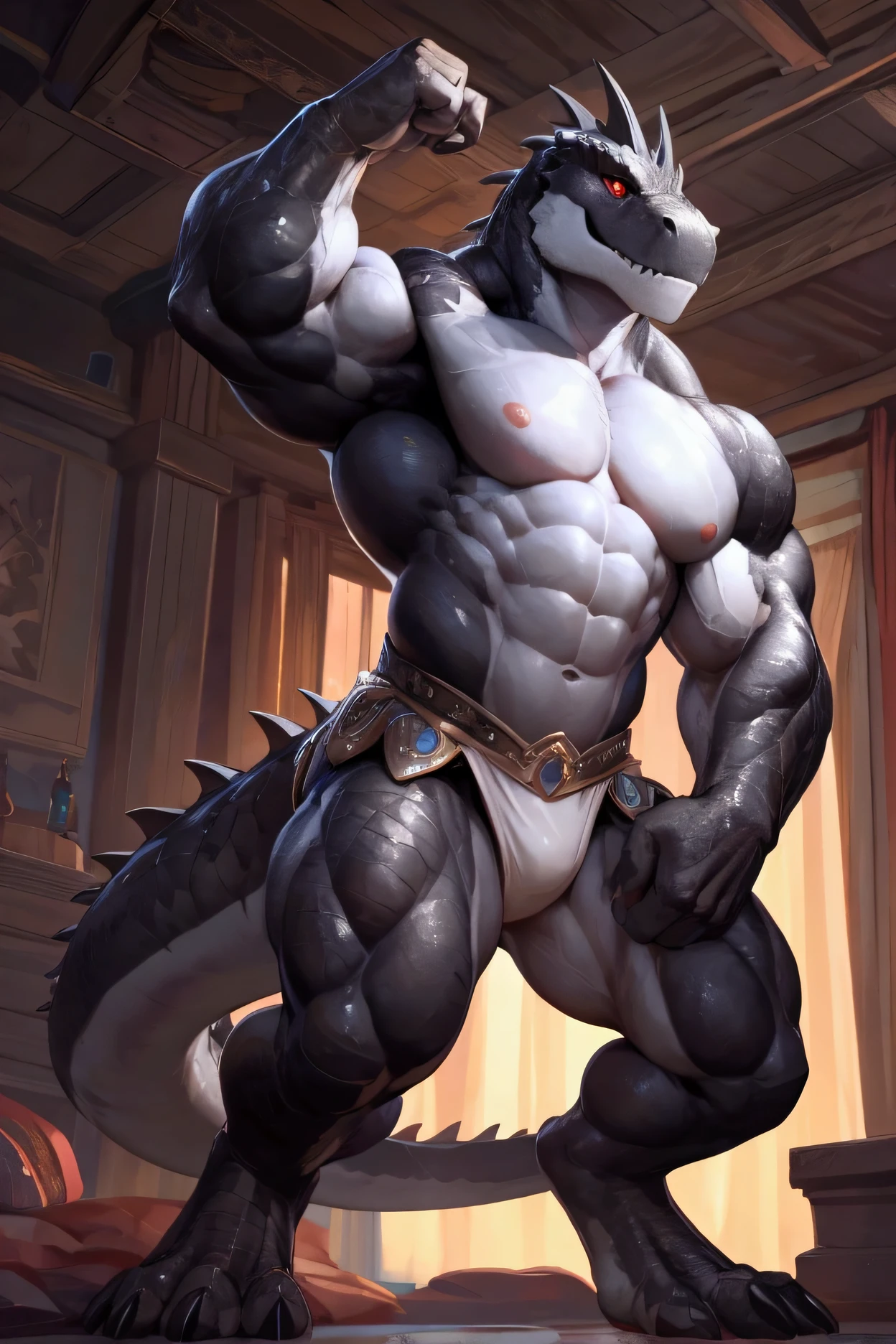 solo, anthro, male, ultra details, T-Rex, ((ultra detailed muscles)), (T-Rex print), black scales, white belly, black short spiny scales, bedroom, standing up, bodybuilding pose, front double biceps pose, bodyguard outfit, black claws, red eyes, slit eyes, slim fit, muscular slim, menacing, sexy, handsome, flirt, ultra detailed slit eyes, pecs, hind leg, tail, looking at viewer, (Masterpiece, by null-ghost, ultra hi-res, 8k), naked torso , black posing trunk, front point of view.