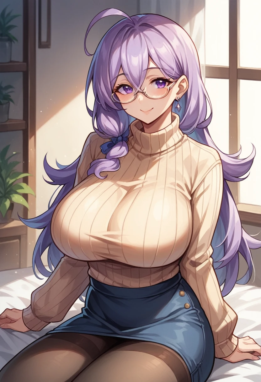 masterpiece, Best quality, 1 girl, ((I look at the viewer)), Lilac hair, purple eyes, long hair,  ahoge, sweater, sweater skirt, tights, 163 cm, hair between eyes, Big breasts, adult, 3, mature, Glasses, One, sole, smile, Cat&#39;s ears, cat tail, fang, cat girl, animal ears