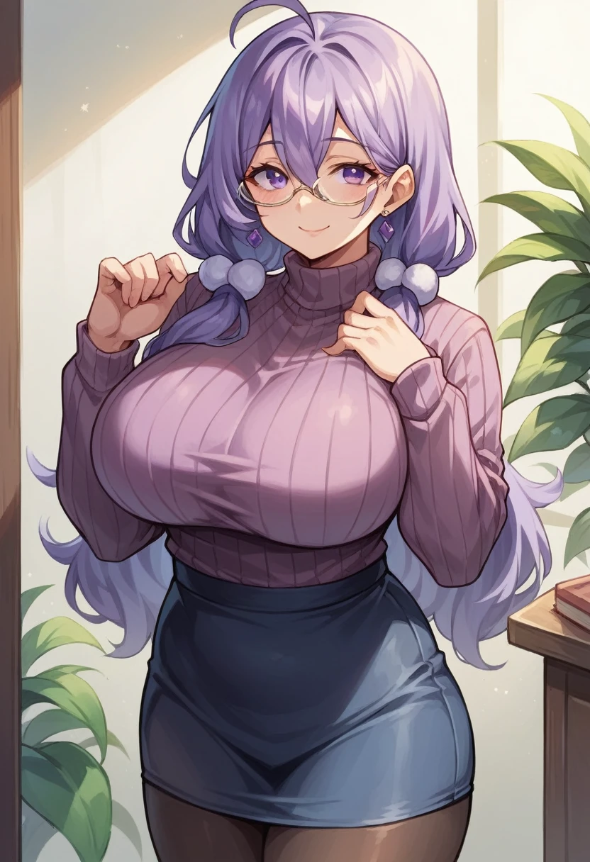 masterpiece, Best quality, 1 girl, ((I look at the viewer)), Lilac hair, purple eyes, long hair,  ahoge, sweater, sweater skirt, tights, 163 cm, hair between eyes, Big breasts, adult, 3, mature, Glasses, One, sole, smile, Cat&#39;s ears, cat tail, fang, cat girl, animal ears