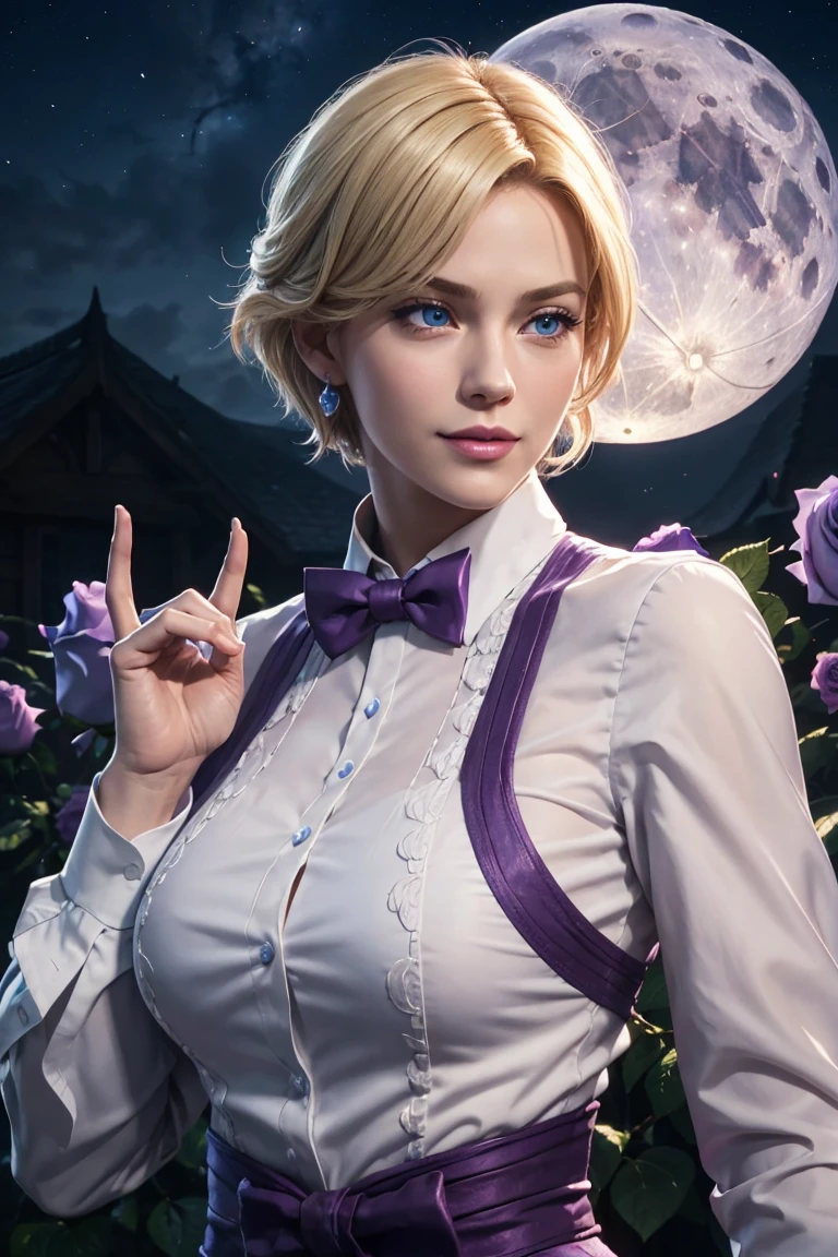 KOF,King of Fighters,King,Blue Eyes,Blonde Hair,Medium Hair,White long shirt,Purple vest,A bow tie,Beautiful white skin,Photorealistic,Ultra HD,high quality,masterpiece,Digital SLR,Detailed details,Intricate details,Anatomical basis,Depicted in detail,A detailed face,Realistic skin texture,Vivid details,Perfect Anatomy,Perfect Anatomy,Anatomically correct hand,Anatomically correct fingers,Super Detail,Complex 3D rendering,Sexy pose,Fantasy worldview,Beautiful Full Moon,,Beautiful night sky,Purple rose petals fluttering,Picturesque,Pink Lips,smile,