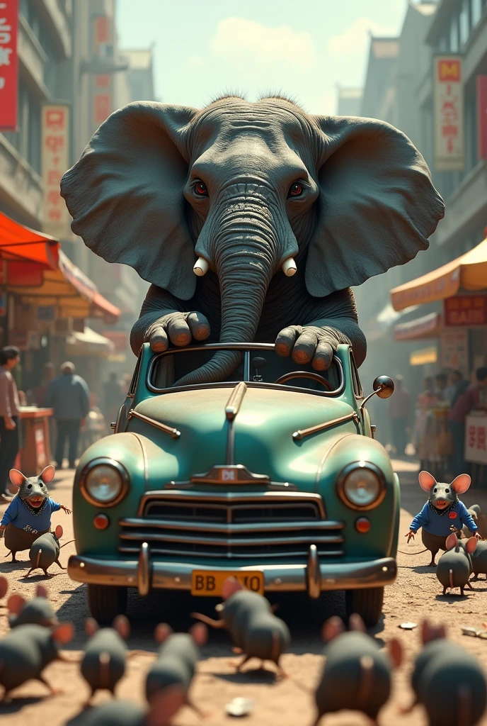 Ceat a car which is driving a elephant ,elephant is very large and angry driving in a market every rats and running arroung him to taking his school bages in school uniform approx 50 rats