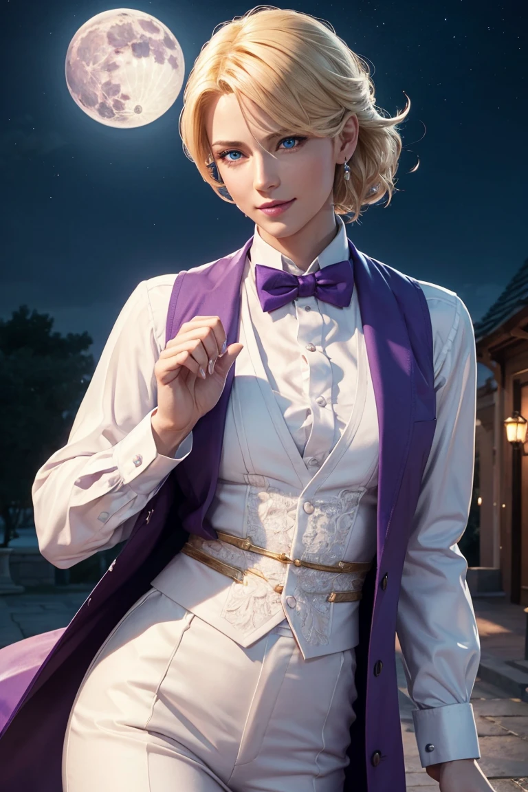 KOF,King of Fighters,King,Blue Eyes,Blonde Hair,Medium Hair,White long shirt,Purple vest,A bow tie,Beautiful white skin,Photorealistic,Ultra HD,high quality,masterpiece,Digital SLR,Detailed details,Intricate details,Anatomical basis,Depicted in detail,A detailed face,Realistic skin texture,Vivid details,Perfect Anatomy,Perfect Anatomy,Anatomically correct hand,Anatomically correct fingers,Super Detail,Complex 3D rendering,Sexy pose,Fantasy worldview,Beautiful Full Moon,,Beautiful night sky,Purple rose petals fluttering,Picturesque,Pink Lips,smile,