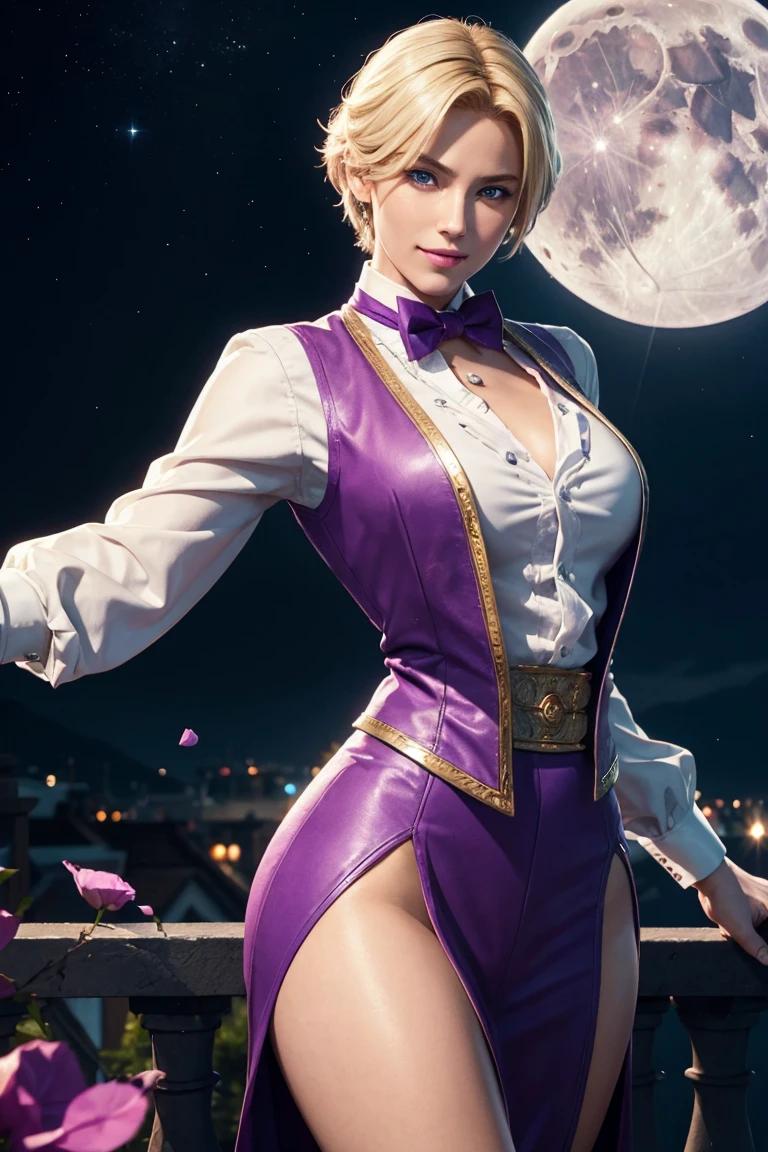 KOF,King of Fighters,King,Blue Eyes,Blonde Hair,Medium Hair,White long shirt,Purple vest,A bow tie,Beautiful white skin,Photorealistic,Ultra HD,high quality,masterpiece,Digital SLR,Detailed details,Intricate details,Anatomical basis,Depicted in detail,A detailed face,Realistic skin texture,Vivid details,Perfect Anatomy,Perfect Anatomy,Anatomically correct hand,Anatomically correct fingers,Super Detail,Complex 3D rendering,Sexy pose,Fantasy worldview,Beautiful Full Moon,,Beautiful night sky,Purple rose petals fluttering,Picturesque,Pink Lips,smile,