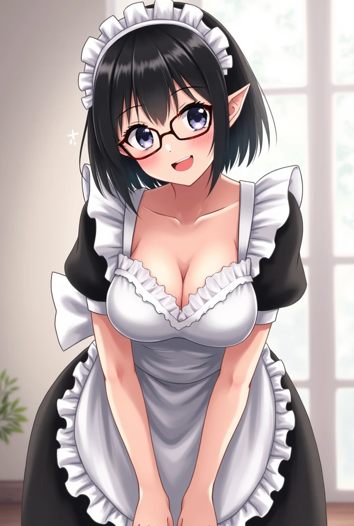  1girl, gorgeous girl , kawai girl , cute face, cute smile, cute cheeks , vampire teeth, elves ears, beautiful eyes, specs , black hair, bangs , (((short fluffy hair))) , ((maid outfit)), ((huge saggy breast)), (((cleavage))), bend forward ,wet body, standing , (slim fit), pose , boob focus , boob focus, animation,