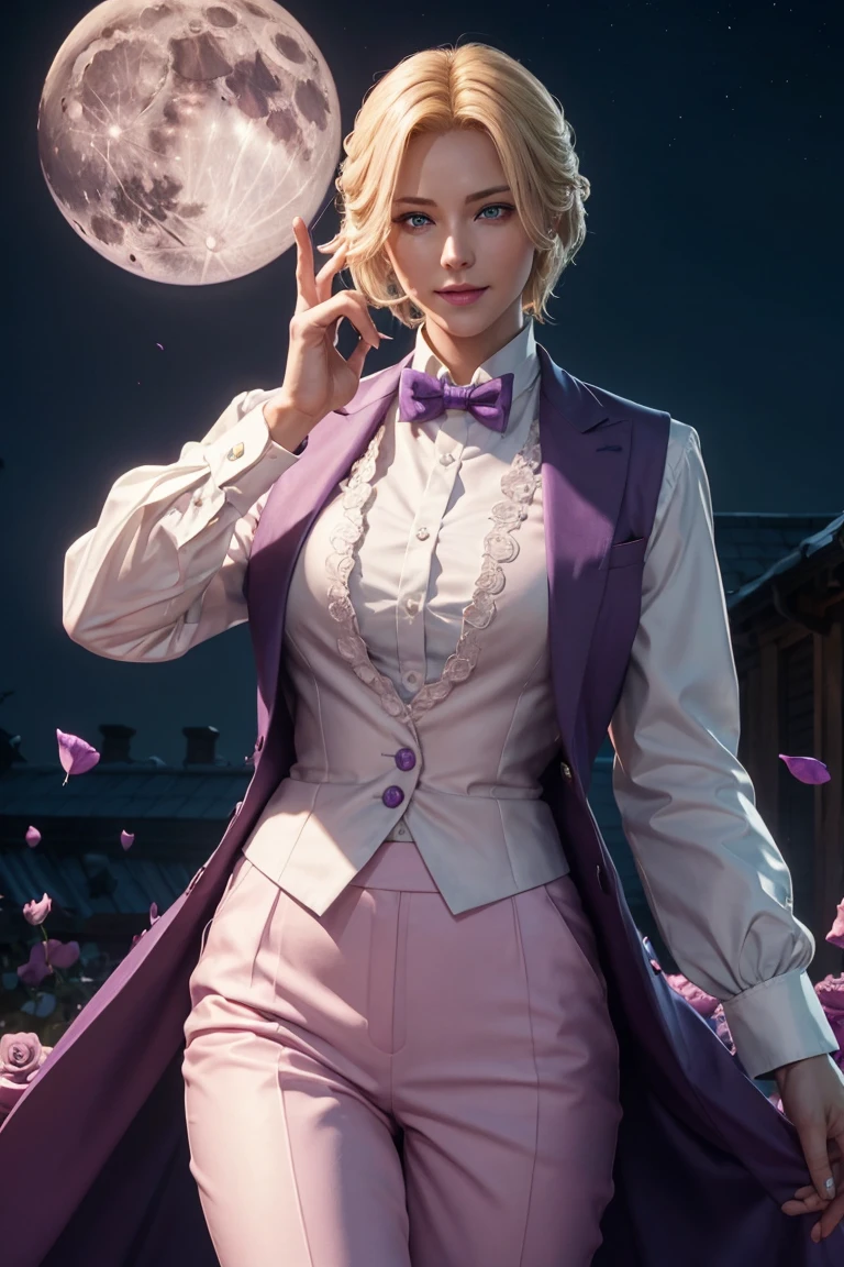 KOF,King of Fighters,King,Blue Eyes,Blonde Hair,Medium Hair,White long shirt,Purple vest,A bow tie,Beautiful white skin,Photorealistic,Ultra HD,high quality,masterpiece,Digital SLR,Detailed details,Intricate details,Anatomical basis,Depicted in detail,A detailed face,Realistic skin texture,Vivid details,Perfect Anatomy,Perfect Anatomy,Anatomically correct hand,Anatomically correct fingers,Super Detail,Complex 3D rendering,Sexy pose,Fantasy worldview,Beautiful Full Moon,,Beautiful night sky,Purple rose petals fluttering,Picturesque,Pink Lips,smile,