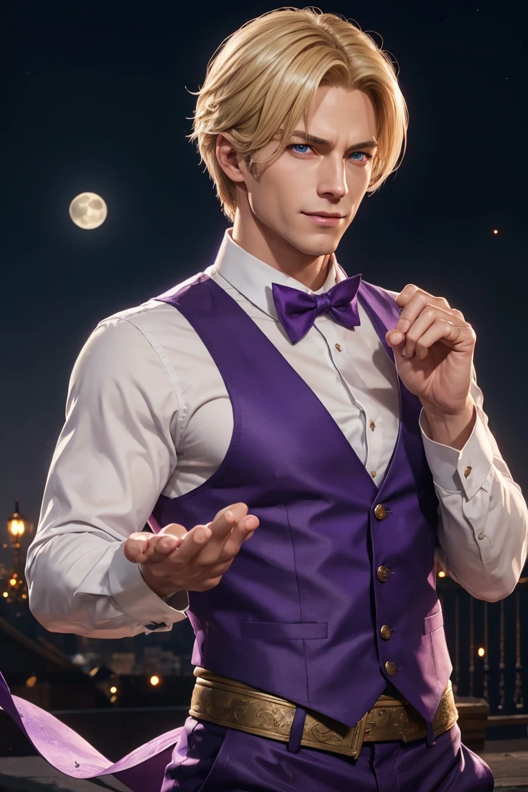 KOF,King of Fighters,King,Blue Eyes,Blonde Hair,Medium Hair,White long shirt,Purple vest,A bow tie,Beautiful white skin,Photorealistic,Ultra HD,high quality,masterpiece,Digital SLR,Detailed details,Intricate details,Anatomical basis,Depicted in detail,A detailed face,Realistic skin texture,Vivid details,Perfect Anatomy,Perfect Anatomy,Anatomically correct hand,Anatomically correct fingers,Super Detail,Complex 3D rendering,Sexy pose,Fantasy worldview,Beautiful Full Moon,,Beautiful night sky,Purple rose petals fluttering,Picturesque,Pink Lips,smile,