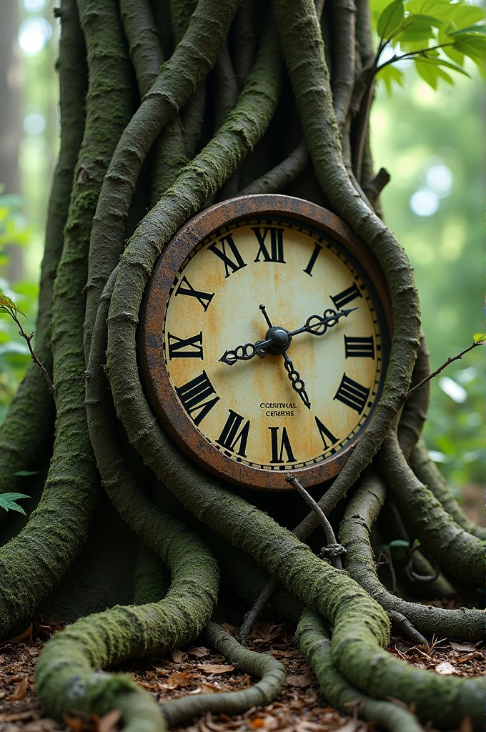 A clock with its hands intertwined with tree roots symbolizing the connection between life and time