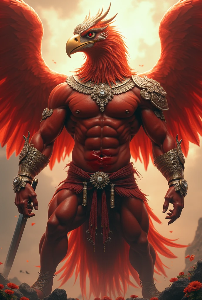 A garuda from heaven with abdominal muscles, bird claws on his feet, human hands, feathers on his neck, a golden hawk beak, a red body, diamond armor on his wings, a diamond-studded crown, and Thai pants with a loincloth on his head. A knife stabbed his stomach until blood came out.