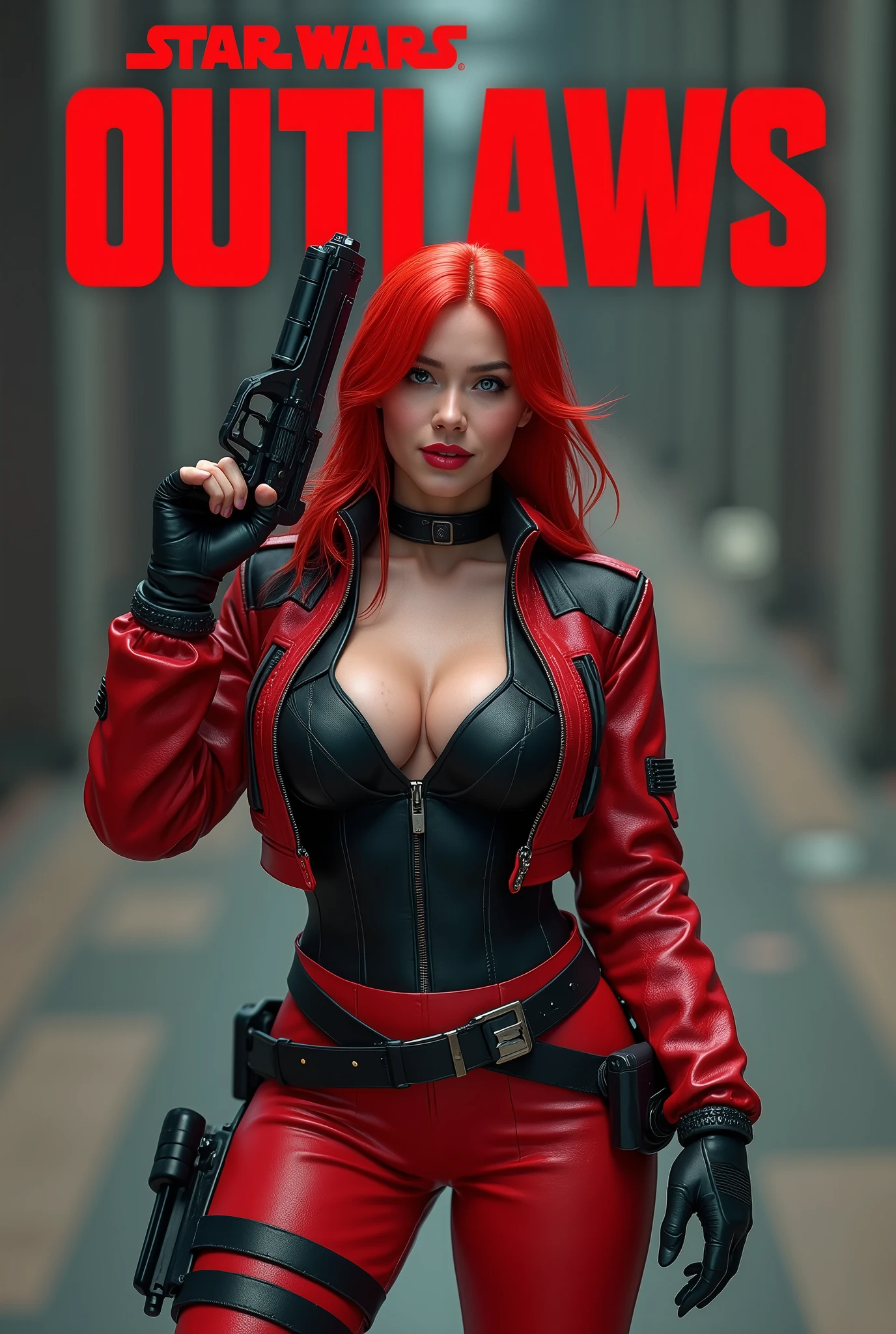 Captured from a high-angle, eye-level perspective, high detailed full body front facing shot, a woman beautiful hourglass body with large breasts, dressed in a red and black flight jacket red and black pants with a black leather utility belt, holds a futuristic blaster handgun in her right hand. Her left hand is raised in the air, while her right arm rests on her hip. Her right arm is draped over her shoulder, adding a pop of color to the scene. The girl's hair is a bright red full body over the shoulder with bangs, Her eyes are a piercing blue, and her lips are a bright shade of red, with a slight smile on her face. The backdrop is blurred in the background there is 3D text that reads "Star Wars Outlaws" at the top of the picture, creating a stark contrast to the girl. Star Wars Movie Style Science Fiction, realistic, Futurism, retina, masterpiece, accurate, anatomically correct, textured skin, super detail, best quality, award winning, highres, 4K, 8k, 16k