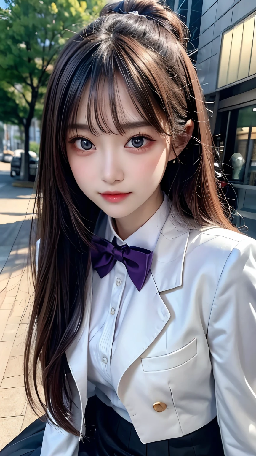 Simple white background, 茶color_blazer_Jacket,length_sleeve, bow tie, Pleated skirt, pantyhose, black_hair,length_hair,purple_eye,前hair, 1 girl, 20 years,young woman,beautiful Finger,beautiful length legs,beautiful body,beautiful Nose,beautiful character design, perfect eye, perfect face,expressive eye,Perfect balance, View Viewer,(Focus on her face),Mouth closed, (Innocent_big_eye:1.0),(Light_笑face:0.3), Official Art,Highly detailed CG Unity 8k wallpaper, Perfect lighting,colorful, bright_front_face_Lighting,White skin, (masterpiece:1.0),(Highest_quality:1.0), 超High resolution,4K,Super detailed, photograph, 8k, High resolution, High resolution, Absurd:1.2, Kodak Portrait 400, Film Grain, Blurred Background, Bokeh:1.2, Lens flare, (Vibrant_color:1.2),プロのphotograph, (beautiful,big_chest:1.4), (beautiful_face:1.5),(narrow_Waist),
