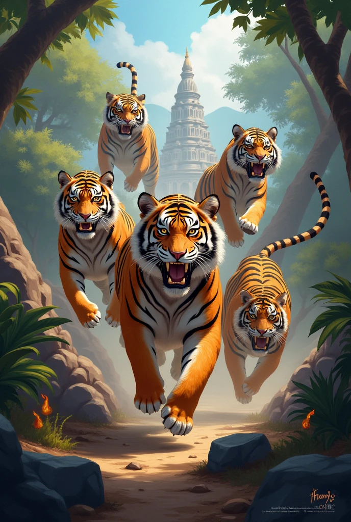 Make me 5 different tigers and the word endeavour indo