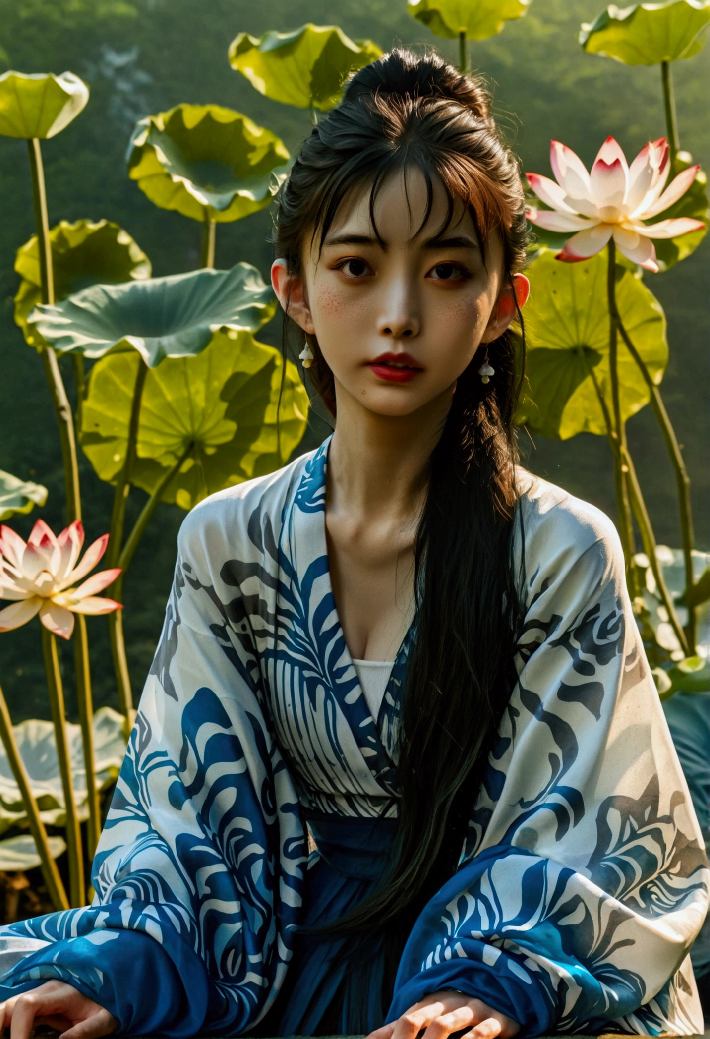 a beautiful ancient chinese woman sitting on a stone, wearing traditional chinese dress with flowing blue chiffon, in a lazy pose, large lotus leaves, lotus flowers, traditional chinese ink painting style, clean colors, white space, freeform, masterpiece, extremely detailed, epic-scale, 4k, best quality, (best quality,4k,8k,highres,masterpiece:1.2),ultra-detailed,(realistic,photorealistic,photo-realistic:1.37),HDR,UHD,studio lighting,ultra-fine painting,sharp focus,physically-based rendering,extreme detail description,professional,vivid colors,bokeh